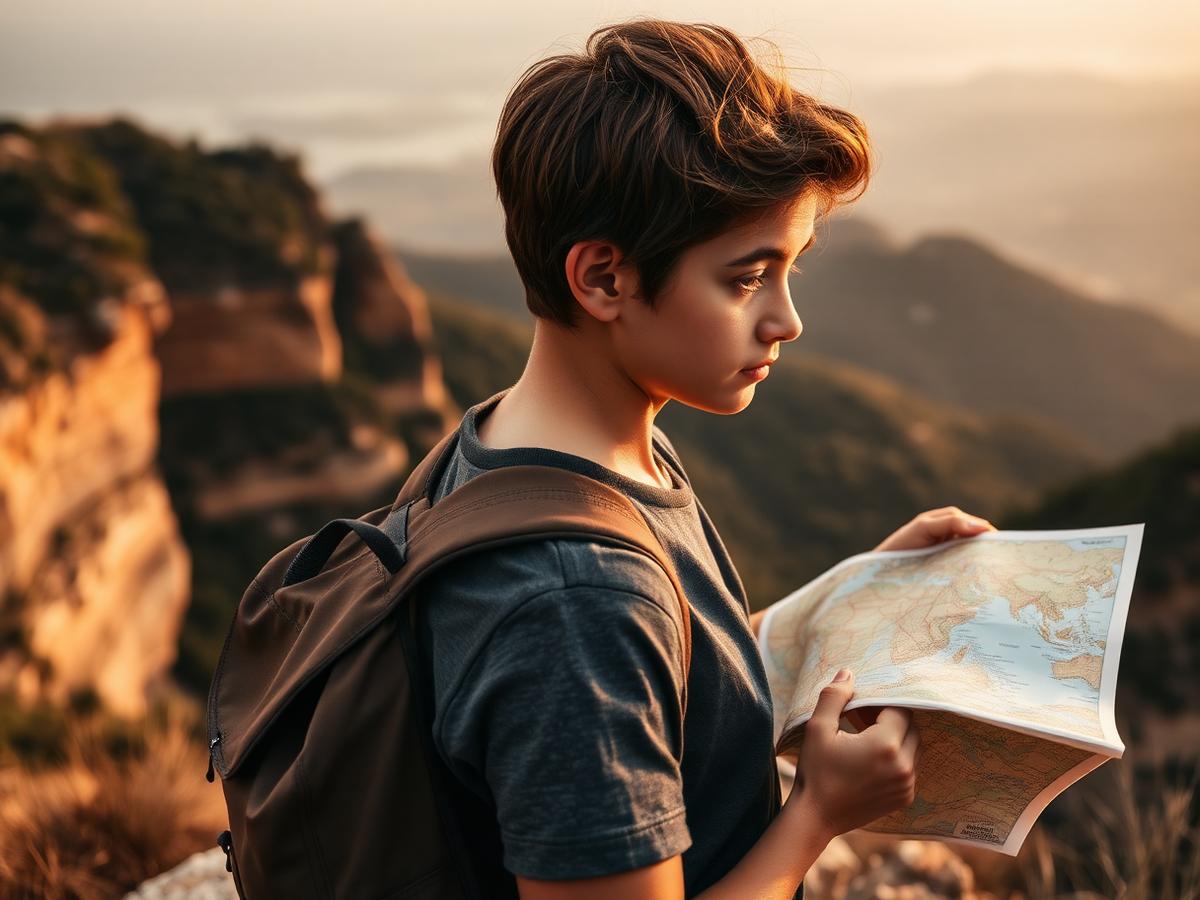 Traveler with a map at a mountain overlook
